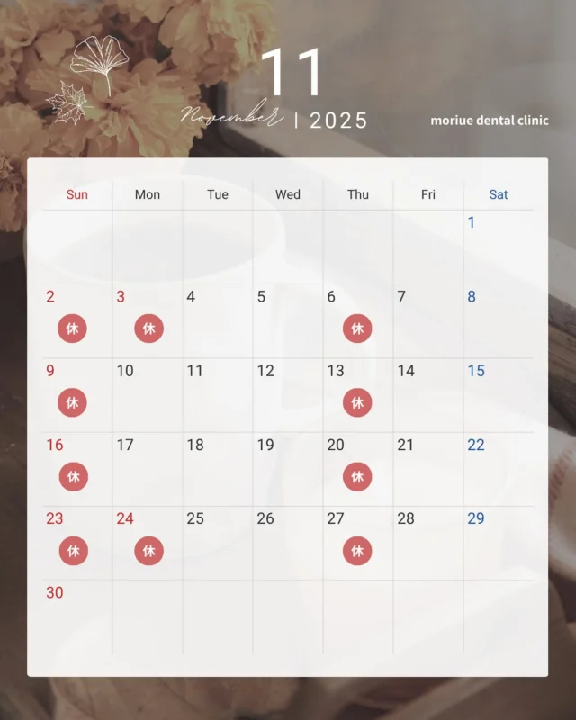 こんにちは👢✨

11月になりましたね🤝

ここ数日で一気に寒さが増し、冬の訪れを感じておりますが、いかがお過ごしでしょうか🧤🧣

今年も残すところ後2ヶ月🔥

年末に向けて慌ただしくなりますが、皆様体調にはお気をつけてお過ごし下さいね˚˖⁺❄️𖥔。

さてさて、
11月の診療日です🪥🥼🗓️

どうぞ宜しくお願い致します😊

11月も素敵な1ヶ月になりますように˗ˋˏ ♡ ˎˊ˗

🦷もりうえ歯科クリニック🦷
【休診日】木・日・祝 〒615-0097 京都府京都市右京区山ノ内大町8-2 電話番号：075-366-8222
#もりうえ歯科クリニック#歯科医院#歯医者#歯医者さん#歯科医師#歯科衛生士#歯科助手#歯列矯正#矯正#歯の矯正#ワイヤー矯正#マウスピース矯正#きれいな歯#きれいな口元#裏側矯正#むし歯予防#インビザライン#インビザライン矯正#マウスピース矯正#ホワイトニング#京都#kyoto#京都市#右京区#太秦天神川#京都市右京区#西院#京都歯医者#京都市歯医者#右京区歯医者#西院歯医者