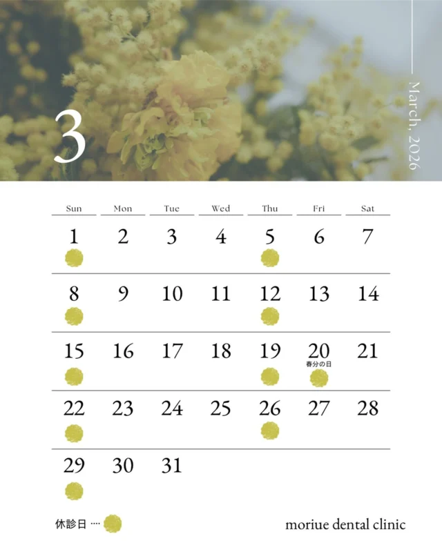 こんばんは🐶♩

本日は日中ぽかぽかでとても過ごしやすく、春の兆しを感じることができました🌸🌷

新生活、新学期がもうすぐ始まる方も多いと思いますので、✨ピカピカの歯🦷✨で、新生活をスタート✊ 𓈒𓏸

3月は当院で、自信の持てる笑顔を手に入れましょう❕💎

お口元のお悩み等あればお気軽にお問合せくださいませ🤝

それでは3月の診療日です🪥🥼🗓️

どうぞ宜しくお願い致します😊

今月も素敵な1ヶ月になりますように˗ˋˏ ♡ ˎˊ˗

🦷もりうえ歯科クリニック🦷
【休診日】木・日・祝 〒615-0097 京都府京都市右京区山ノ内大町8-2 電話番号：075-366-8222
#もりうえ歯科クリニック#歯科医院#歯医者#歯医者さん#歯科医師#歯科衛生士#歯科助手#歯列矯正#矯正#歯の矯正#ワイヤー矯正#マウスピース矯正#きれいな歯#きれいな口元#裏側矯正#むし歯予防#インビザライン#インビザライン矯正#マウスピース矯正#ホワイトニング#京都#kyoto#京都市#右京区#太秦天神川#京都市右京区#西院#京都歯医者#京都市歯医者#右京区歯医者#西院歯医者